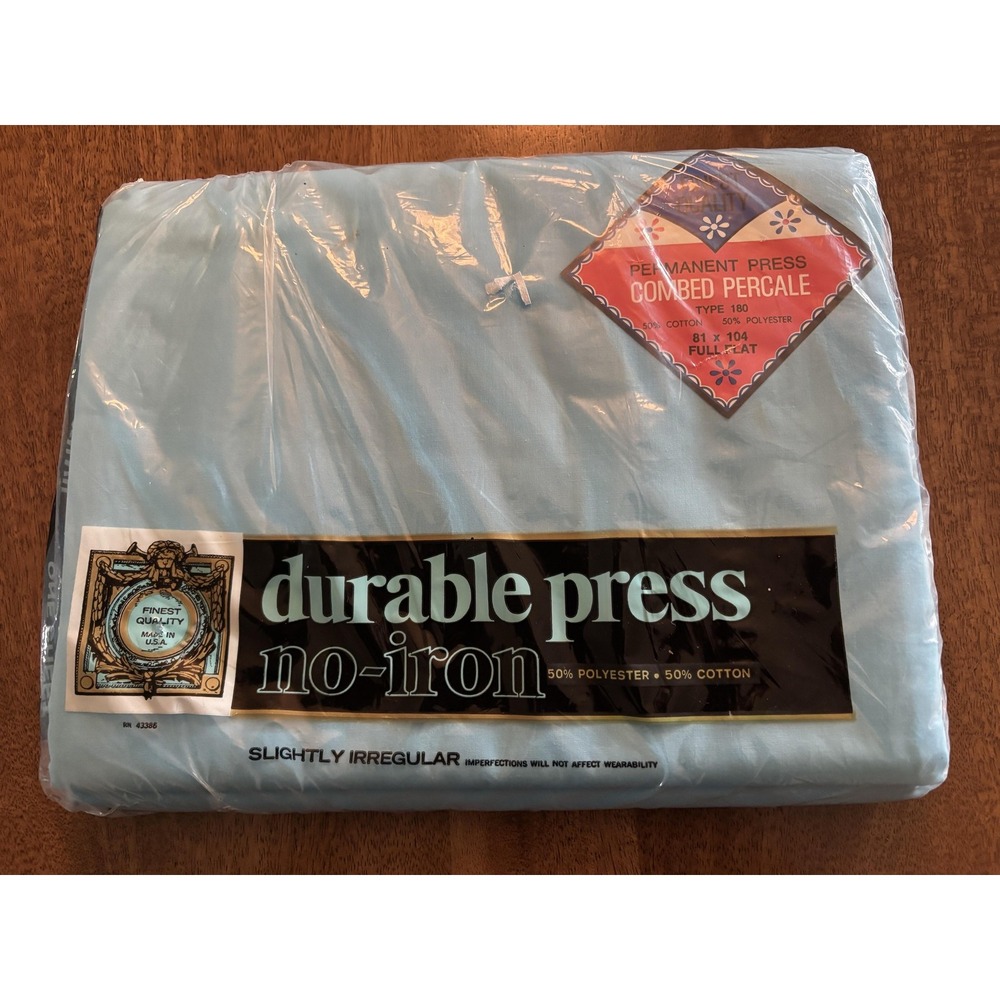 Vintage Durable Press No-Iron Blue Full Flat Sheet 81x104 Combed Percale USA New